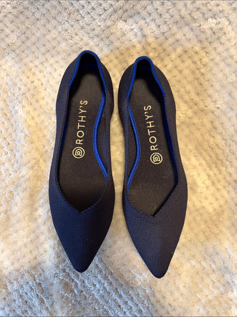 Rothy's Pointed Knit Ballet Flats in Navy with Royal Trim